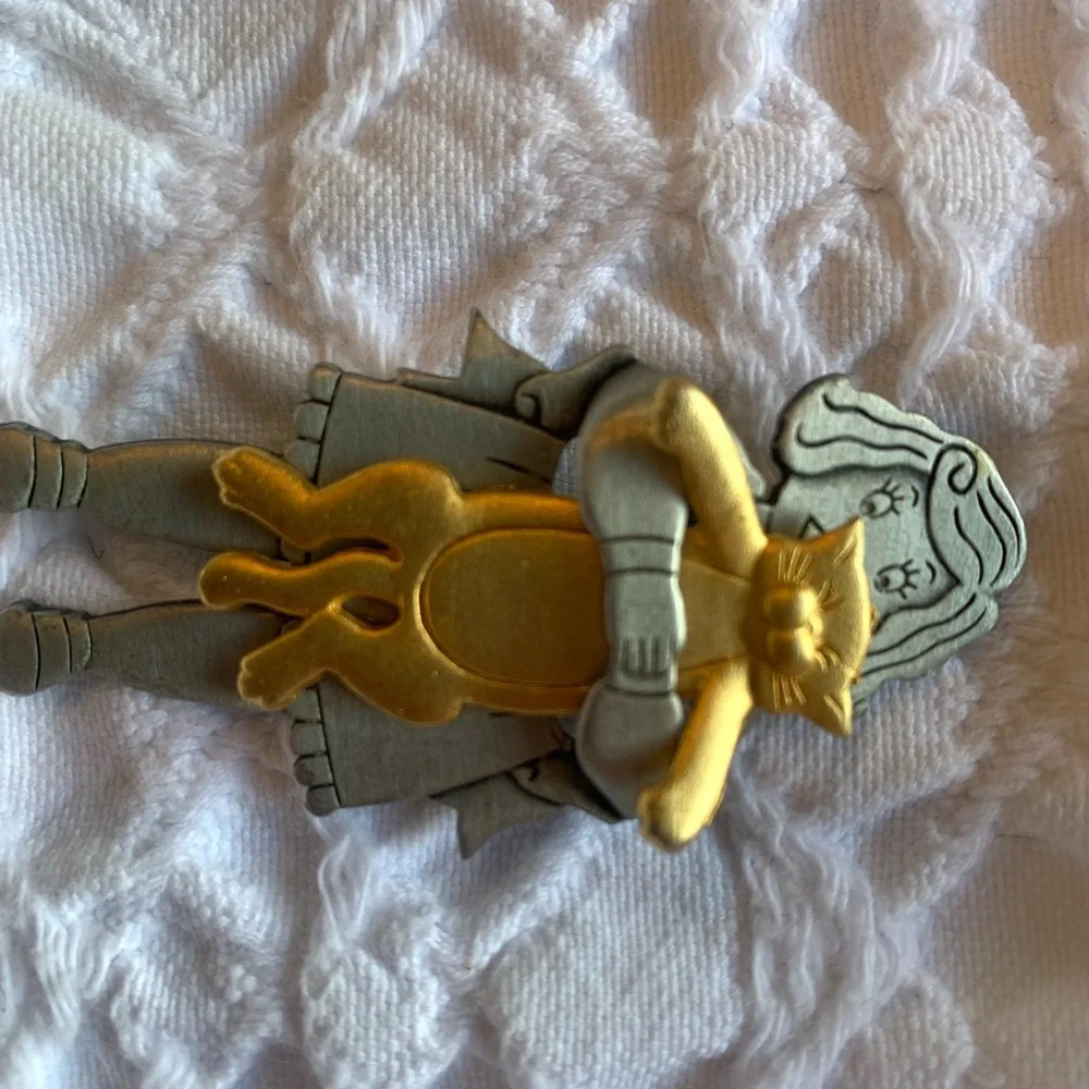 Cat Hug Girl Vintage JJ Jonette Pin - Gold & Silver Metal